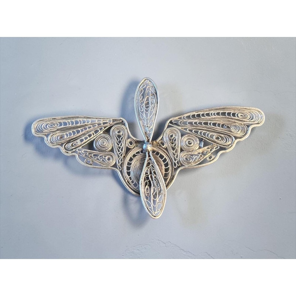 Vintage Sterling Silver Filigree Butterfly Brooch 925 Intricate Wirework Pin - Picture 3 of 9